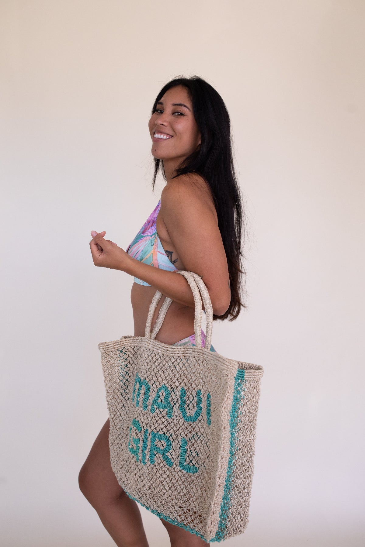 Maui Girl - Aqua Woven Jute beach bag