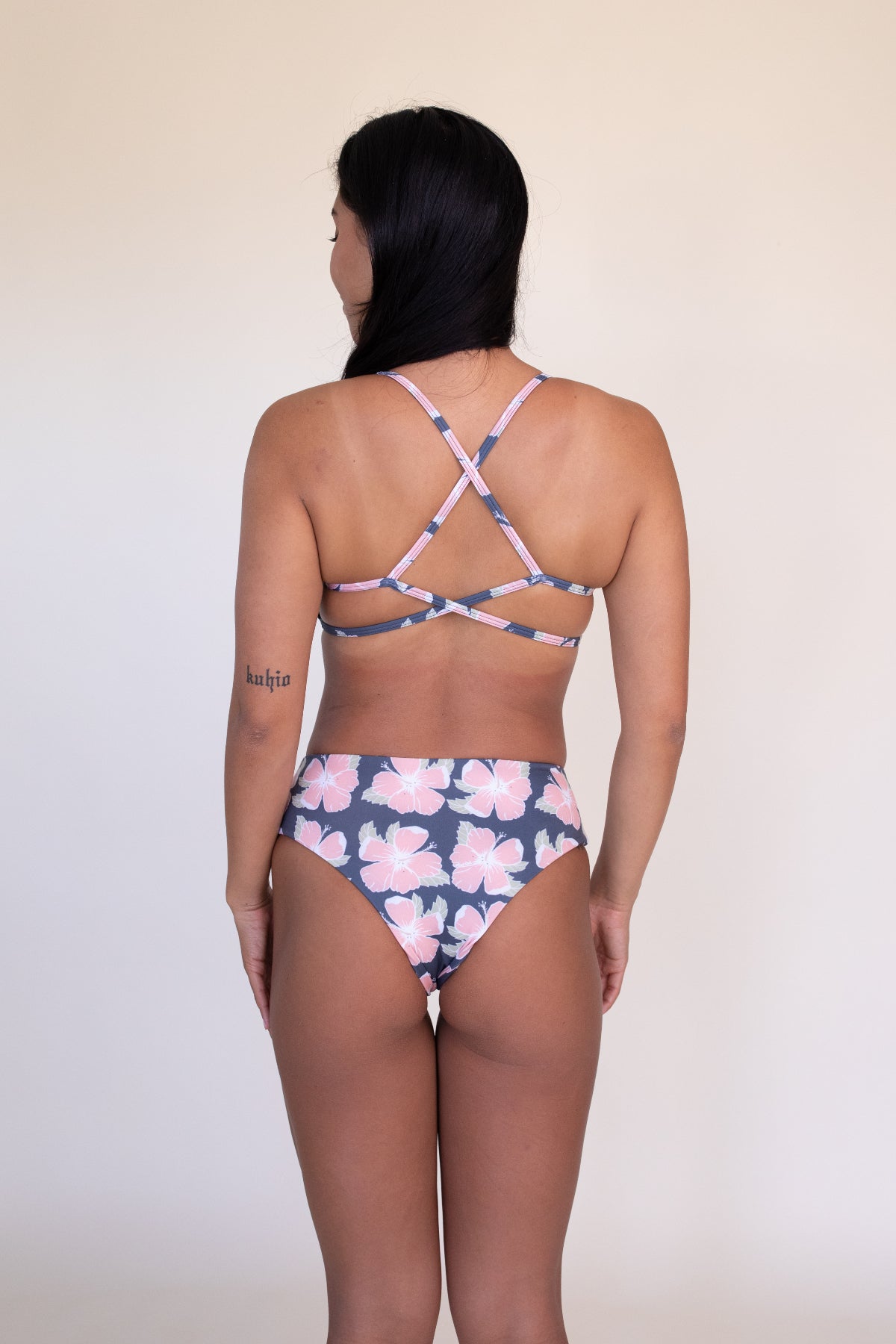 Makena High Waist Bottom in Grey-Pink Hibiscus